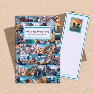 Group image of the Wish You Were Here: Fourteen Poems about Holidays poetry pamphlet on a decorative background