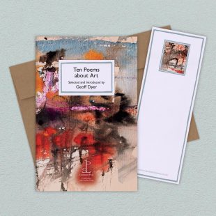 Group image of the Ten Poems about Art poetry pamphlet on a decorative background
