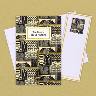 Group image of the Ten Poems about Knitting poetry pamphlet on a decorative background