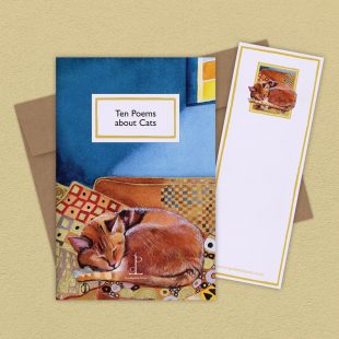 Group image of the Ten Poems about Cats: New Edition poetry pamphlet on a decorative background