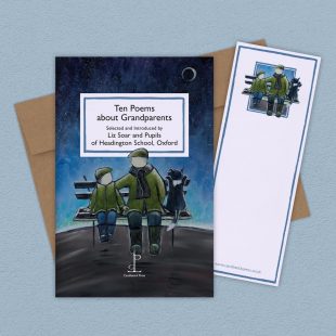 Group image of the Ten Poems about Grandparents poetry pamphlet on a decorative background
