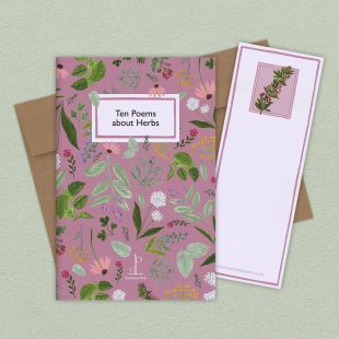 Group image of the Ten Poems about Herbs poetry pamphlet on a decorative background