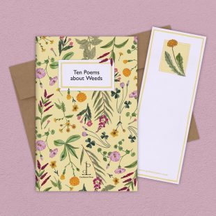 Group image of the Ten Poems about Weeds poetry pamphlet on a decorative background
