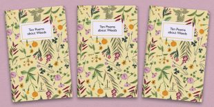 Three front covers of Ten Poems about Weeds poetry pamphlet on a decorative background