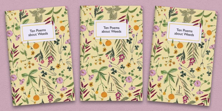 Three front covers of Ten Poems about Weeds poetry pamphlet on a decorative background