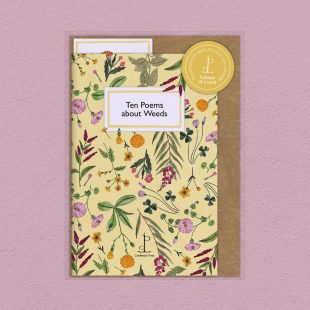 Pack image of the Ten Poems about Weeds poetry pamphlet on a decorative background