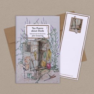 Group image of the Ten Poems about Sheds poetry pamphlet on a decorative background