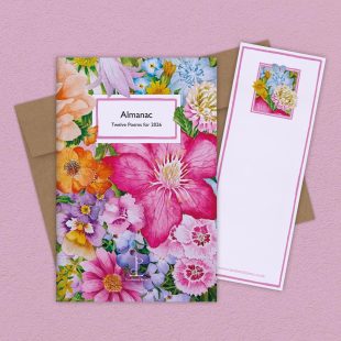 Group image of the Almanac: Twelve Poems for 2026 poetry pamphlet on a decorative background
