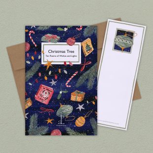 Group image of the Christmas Tree: Ten Poems of Wishes and Lights poetry pamphlet on a decorative background