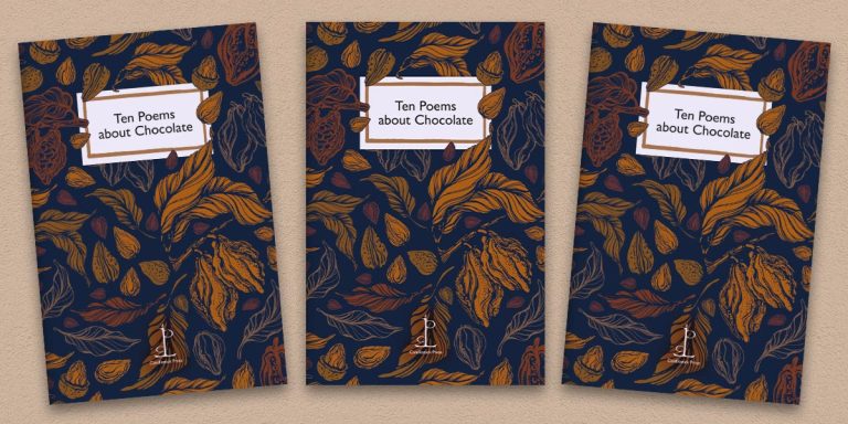 Three front covers of The Ten Poems about Chocolate poetry pamphlet on a decorative background