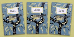 Three front covers of the Ten Poems about Birds poetry pamphlet on a decorative background