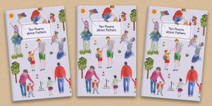 Three front covers of the Ten Poems about Fathers poetry pamphlet on a decorative background