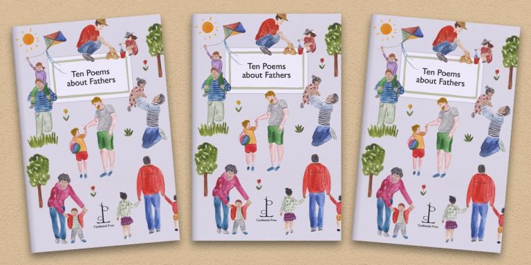 Three front covers of the Ten Poems about Fathers poetry pamphlet on a decorative background