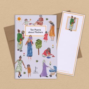 Group image of the Ten Poems about Mothers poetry pamphlet on a decorative background