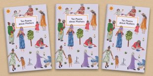 Three front covers of the Ten Poems about Mothers poetry pamphlet on a decorative background