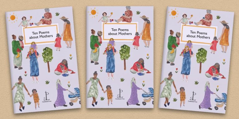 Three front covers of the Ten Poems about Mothers poetry pamphlet on a decorative background