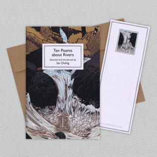 Group image of the Ten Poems about Rivers poetry pamphlet on a decorative background