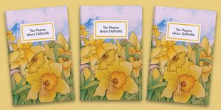Three front covers of the Ten Poems about Daffodils poetry pamphlet on a decorative background