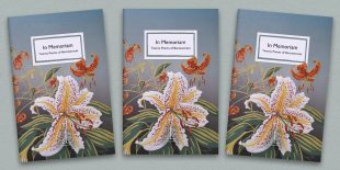 Three front covers of the In Memoriam poetry pamphlet on a decorative background
