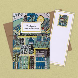 Group image of the Ten Poems about Allotments poetry pamphlet on a decorative background