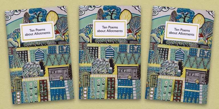 Three front covers of the Ten Poems about Allotments poetry pamphlet on a decorative background