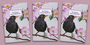 Three front covers of the Ten Poems about Blackbirds poetry pamphlet on a decorative background