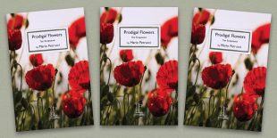 Three front covers of the Prodigal Flowers poetry pamphlet on a decorative background