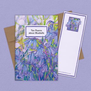 Group image of the Ten Poems about Bluebells poetry pamphlet on a decorative background