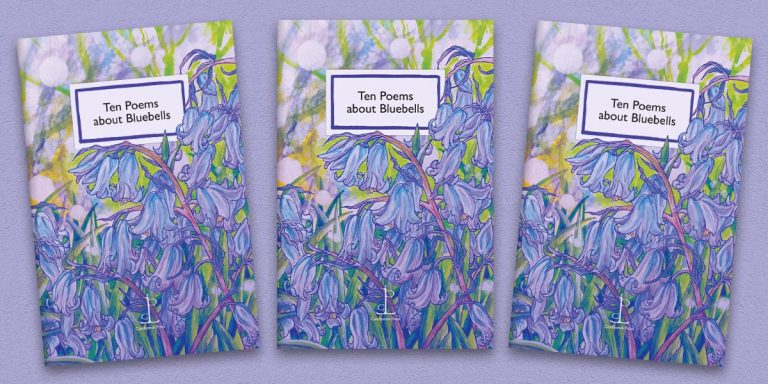 Three front covers of the Ten Poems about Bluebells poetry pamphlet on a decorative background