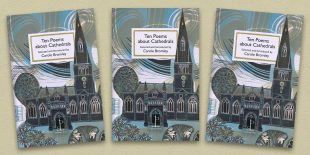 Three front covers of the Cathedrals poetry pamphlet on a decorative background