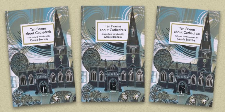 Three front covers of the Cathedrals poetry pamphlet on a decorative background